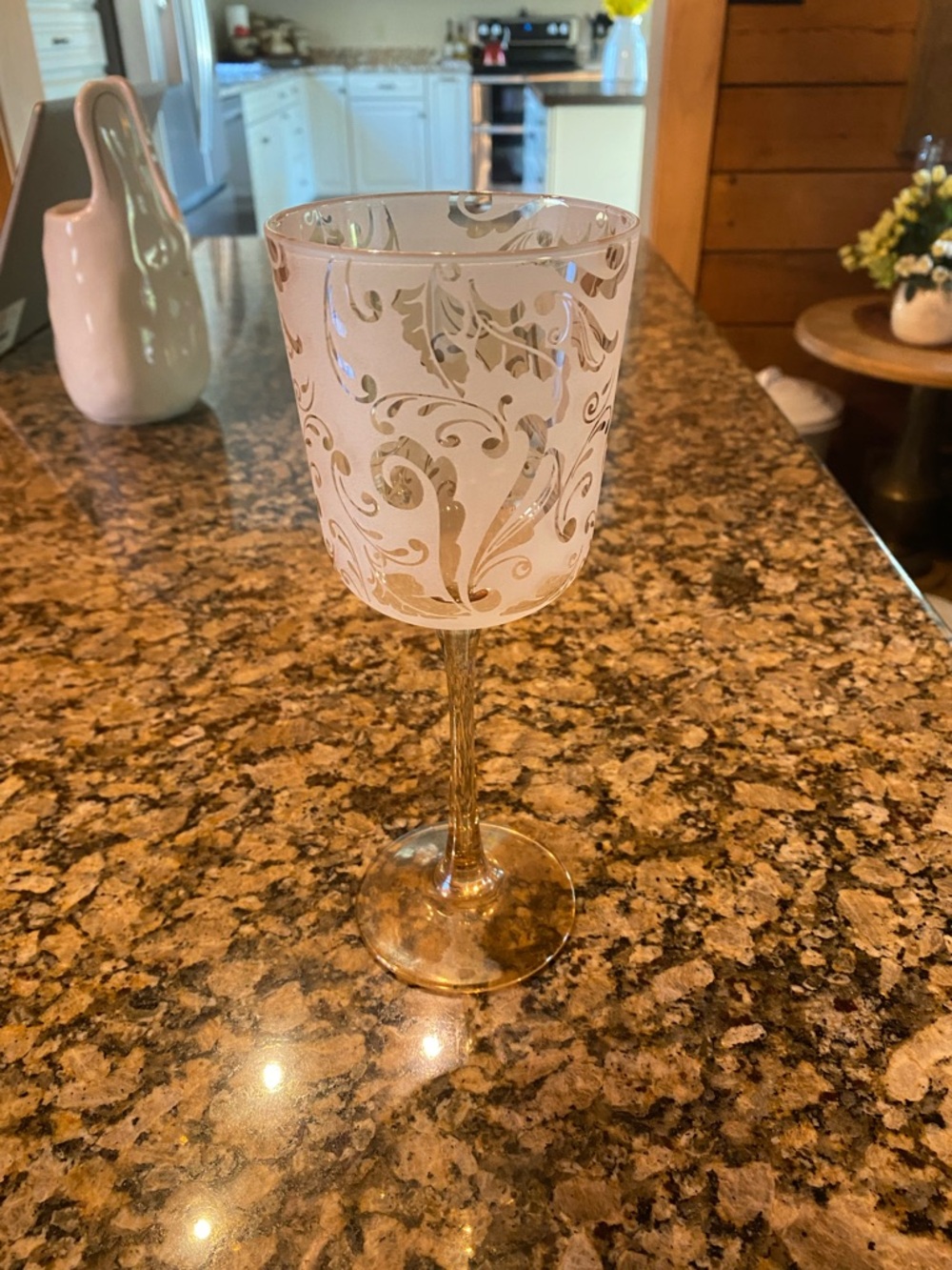Pier 1 White and Gold Etched Stemmed Wine Glass